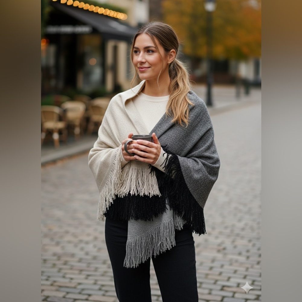 Kohl's Elegant Cream, black  and Gray Fringe Poncho 3 pieces
